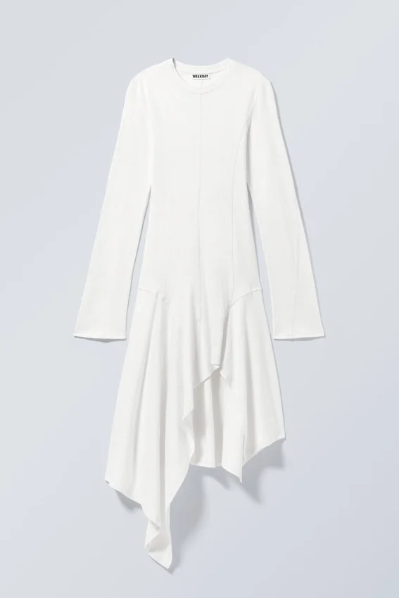 Long-Sleeved Asymmetric Midi Dress – White Long-Sleeved Asymmetric Midi Dress – White
