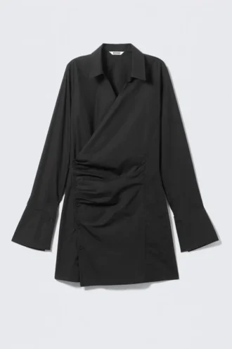 Long-Sleeved Asymmetric Mini Shirt Dress – Black
