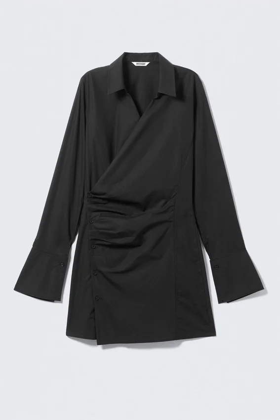 Long-Sleeved Asymmetric Mini Shirt Dress – Black Long-Sleeved Asymmetric Mini Shirt Dress – Black