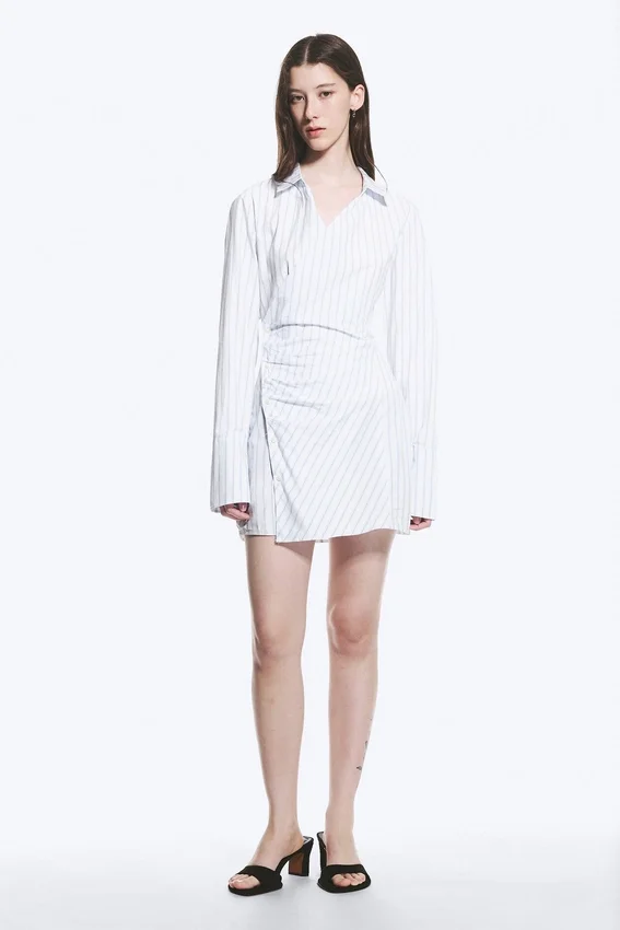 Long-Sleeved Asymmetric Mini Shirt Dress – Blue Stripe Long-Sleeved Asymmetric Mini Shirt Dress – Blue Stripe