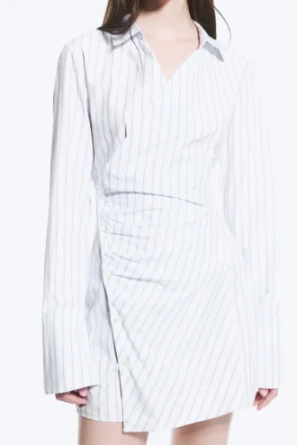 Long-Sleeved Asymmetric Mini Shirt Dress – Blue Stripe