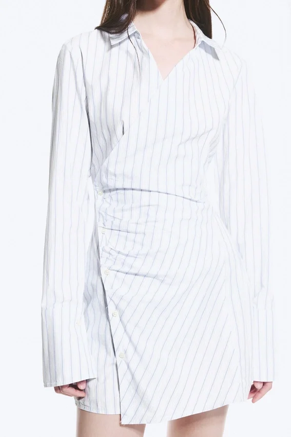 Long-Sleeved Asymmetric Mini Shirt Dress – Blue Stripe Long-Sleeved Asymmetric Mini Shirt Dress – Blue Stripe