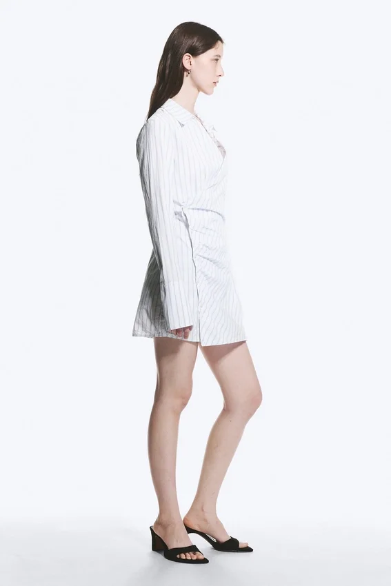 Long-Sleeved Asymmetric Mini Shirt Dress – Blue Stripe Long-Sleeved Asymmetric Mini Shirt Dress – Blue Stripe