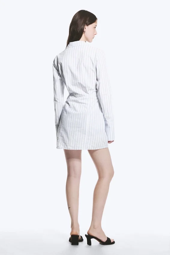 Long-Sleeved Asymmetric Mini Shirt Dress – Blue Stripe Long-Sleeved Asymmetric Mini Shirt Dress – Blue Stripe