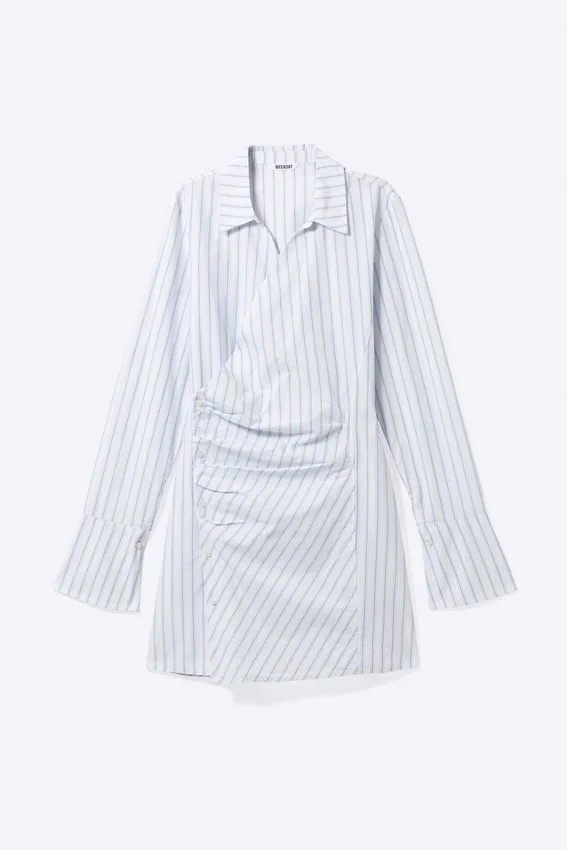 Long-Sleeved Asymmetric Mini Shirt Dress – Blue Stripe Long-Sleeved Asymmetric Mini Shirt Dress – Blue Stripe
