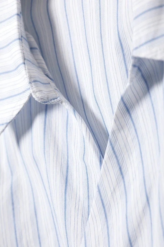 Long-Sleeved Asymmetric Mini Shirt Dress – Blue Stripe Long-Sleeved Asymmetric Mini Shirt Dress – Blue Stripe