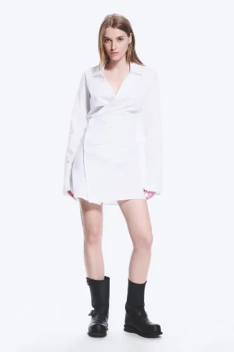 Long-Sleeved Asymmetric Mini Shirt Dress – White