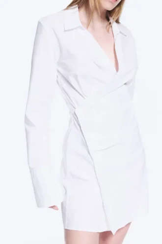 Long-Sleeved Asymmetric Mini Shirt Dress – White