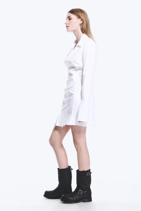 Long-Sleeved Asymmetric Mini Shirt Dress – White Long-Sleeved Asymmetric Mini Shirt Dress – White