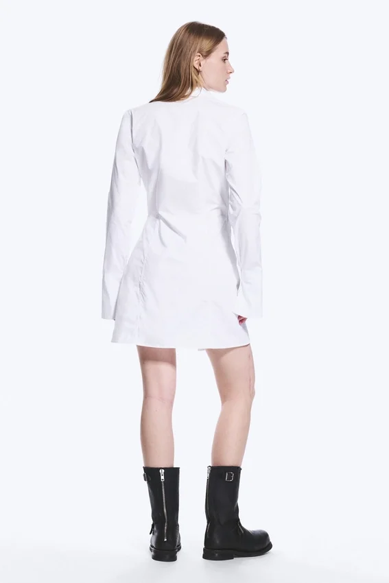Long-Sleeved Asymmetric Mini Shirt Dress – White Long-Sleeved Asymmetric Mini Shirt Dress – White