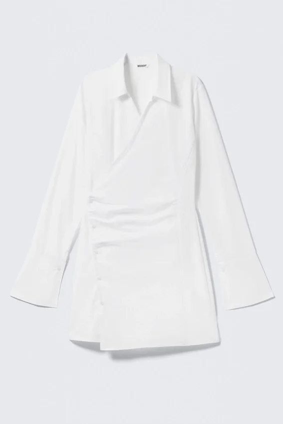 Long-Sleeved Asymmetric Mini Shirt Dress – White Long-Sleeved Asymmetric Mini Shirt Dress – White