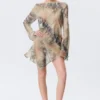 Long-Sleeved Asymmetric Satin Mini Dress – Beige – Snakeskin-Patterned Long-Sleeved Asymmetric Satin Mini Dress – Beige – Snakeskin-Patterned