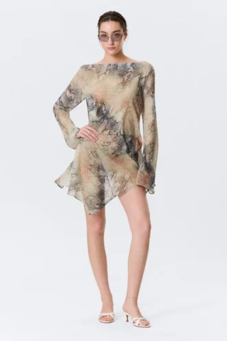 Long-Sleeved Asymmetric Satin Mini Dress – Beige – Snakeskin-Patterned