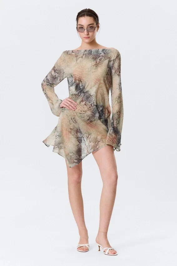 Long-Sleeved Asymmetric Satin Mini Dress – Beige – Snakeskin-Patterned Long-Sleeved Asymmetric Satin Mini Dress – Beige – Snakeskin-Patterned