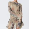 Long-Sleeved Asymmetric Satin Mini Dress – Beige – Snakeskin-Patterned Long-Sleeved Asymmetric Satin Mini Dress – Beige – Snakeskin-Patterned