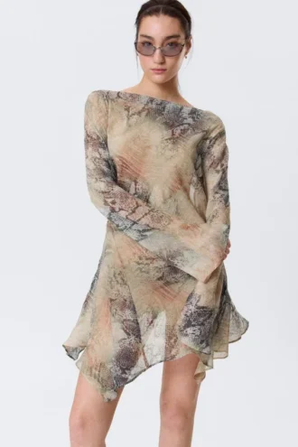 Long-Sleeved Asymmetric Satin Mini Dress – Beige – Snakeskin-Patterned
