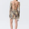 Long-Sleeved Asymmetric Satin Mini Dress – Beige – Snakeskin-Patterned Long-Sleeved Asymmetric Satin Mini Dress – Beige – Snakeskin-Patterned