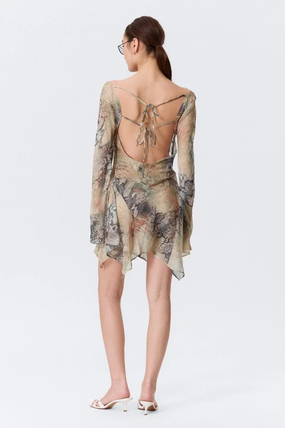 Long-Sleeved Asymmetric Satin Mini Dress – Beige – Snakeskin-Patterned Long-Sleeved Asymmetric Satin Mini Dress – Beige – Snakeskin-Patterned
