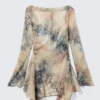 Long-Sleeved Asymmetric Satin Mini Dress – Beige – Snakeskin-Patterned Long-Sleeved Asymmetric Satin Mini Dress – Beige – Snakeskin-Patterned