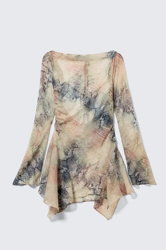 Long-Sleeved Asymmetric Satin Mini Dress – Beige – Snakeskin-Patterned Long-Sleeved Asymmetric Satin Mini Dress – Beige – Snakeskin-Patterned