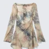 Long-Sleeved Asymmetric Satin Mini Dress – Beige – Snakeskin-Patterned Long-Sleeved Asymmetric Satin Mini Dress – Beige – Snakeskin-Patterned