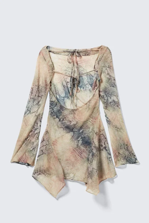 Long-Sleeved Asymmetric Satin Mini Dress – Beige – Snakeskin-Patterned Long-Sleeved Asymmetric Satin Mini Dress – Beige – Snakeskin-Patterned