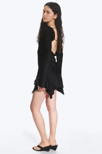 Long-Sleeved Asymmetric Satin Mini Dress – Black