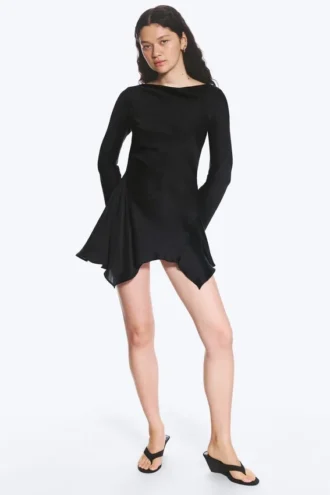 Long-Sleeved Asymmetric Satin Mini Dress – Black