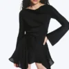 Long-Sleeved Asymmetric Satin Mini Dress – Black Long-Sleeved Asymmetric Satin Mini Dress – Black