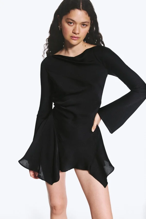 Long-Sleeved Asymmetric Satin Mini Dress – Black Long-Sleeved Asymmetric Satin Mini Dress – Black