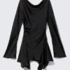 Long-Sleeved Asymmetric Satin Mini Dress – Black Long-Sleeved Asymmetric Satin Mini Dress – Black