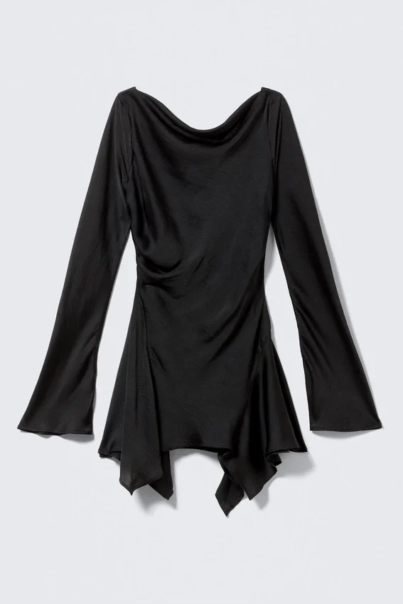 Long-Sleeved Asymmetric Satin Mini Dress – Black Long-Sleeved Asymmetric Satin Mini Dress – Black