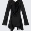 Long-Sleeved Asymmetric Satin Mini Dress – Black Long-Sleeved Asymmetric Satin Mini Dress – Black