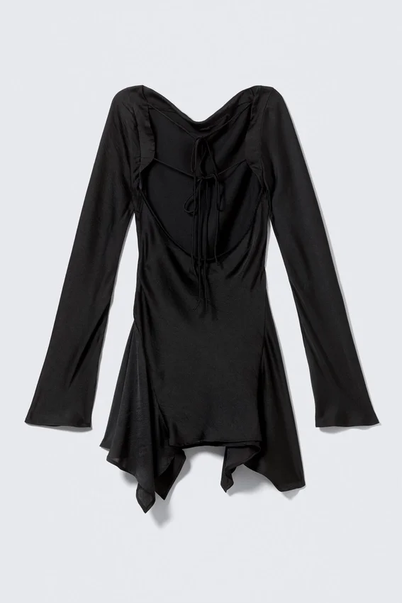 Long-Sleeved Asymmetric Satin Mini Dress – Black Long-Sleeved Asymmetric Satin Mini Dress – Black