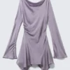 Long-Sleeved Asymmetric Satin Mini Dress – Lilac Long-Sleeved Asymmetric Satin Mini Dress – Lilac