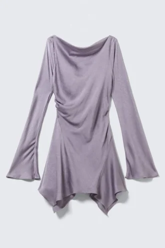 Long-Sleeved Asymmetric Satin Mini Dress – Lilac