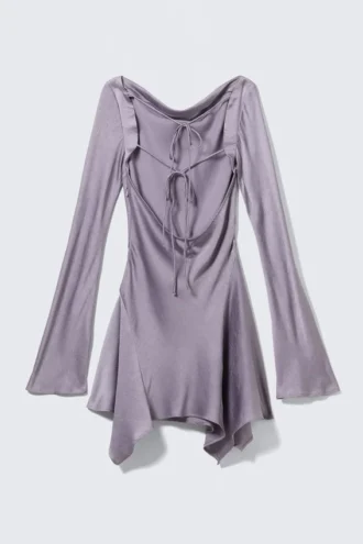 Long-Sleeved Asymmetric Satin Mini Dress – Lilac