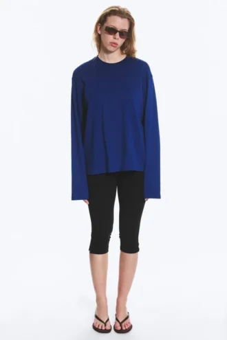 Long-Sleeved Boxy Cotton T-Shirt – Bright Blue