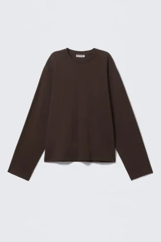 Long-Sleeved Boxy Cotton T-Shirt – Dark Brown