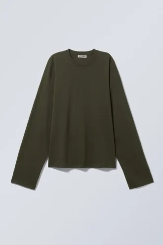 Long-Sleeved Boxy Cotton T-Shirt – Dark Khaki Green