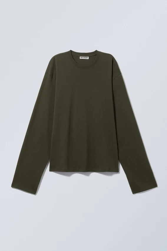 Long-Sleeved Boxy Cotton T-Shirt – Dark Khaki Green Long-Sleeved Boxy Cotton T-Shirt – Dark Khaki Green