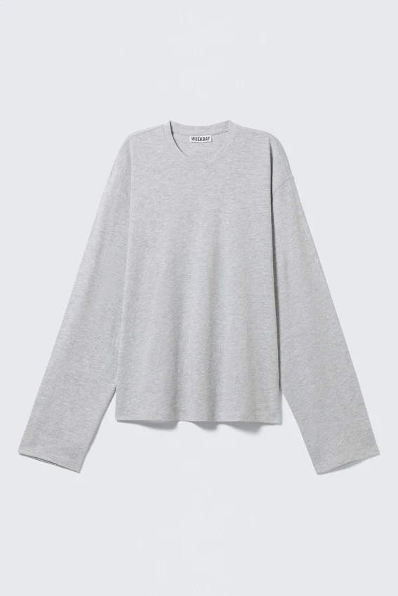 Long-Sleeved Boxy Cotton T-Shirt – Grey Melange Long-Sleeved Boxy Cotton T-Shirt – Grey Melange