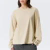 Long-Sleeved Boxy Cotton T-Shirt – Light Beige Long-Sleeved Boxy Cotton T-Shirt – Light Beige
