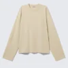 Long-Sleeved Boxy Cotton T-Shirt – Light Beige Long-Sleeved Boxy Cotton T-Shirt – Light Beige