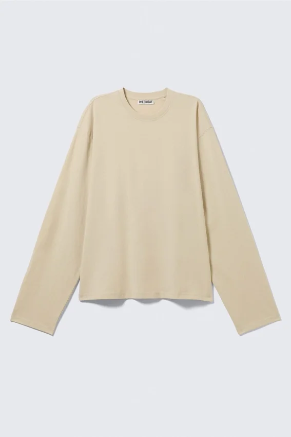 Long-Sleeved Boxy Cotton T-Shirt – Light Beige Long-Sleeved Boxy Cotton T-Shirt – Light Beige