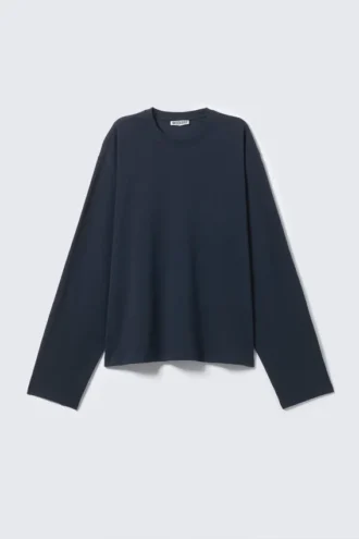 Long-Sleeved Boxy Cotton T-Shirt – Navy Blue