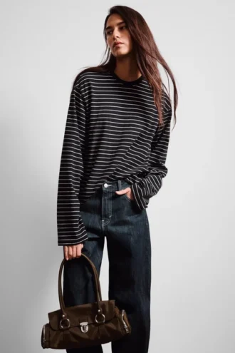 Long-Sleeved Boxy Cotton T-Shirt – Striped Black