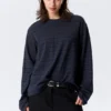 Long-Sleeved Boxy Cotton T-Shirt – Striped Dark Blue Long-Sleeved Boxy Cotton T-Shirt – Striped Dark Blue