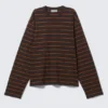 Long-Sleeved Boxy Cotton T-Shirt – Striped Dark Brown Long-Sleeved Boxy Cotton T-Shirt – Striped Dark Brown
