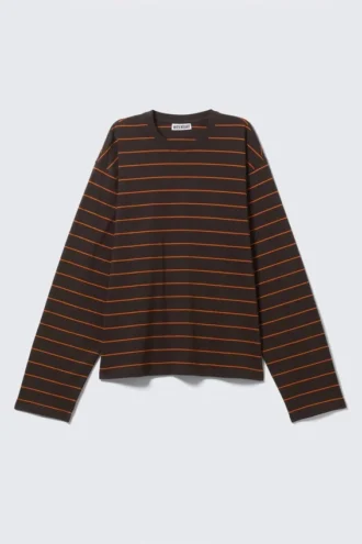 Long-Sleeved Boxy Cotton T-Shirt – Striped Dark Brown